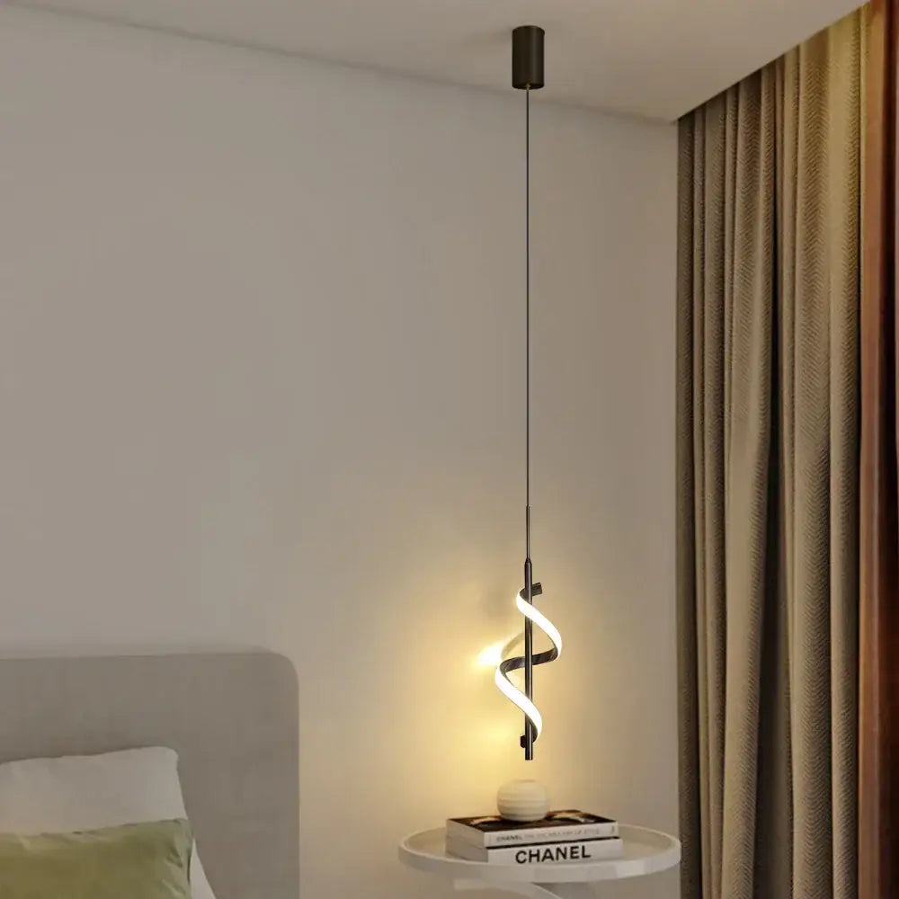 DecorBites led pendant light with black mount and glowing white spiral design for bedroom dining room bedside use