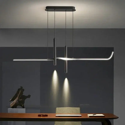Modern black minimalist decorbites led pendant light with sleek cylindrical rods and curved led bar for home decor