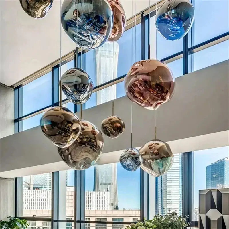 Decorbites led pendant light featuring spherical reflective glass pendant lights in metallic finishes for indoor decor
