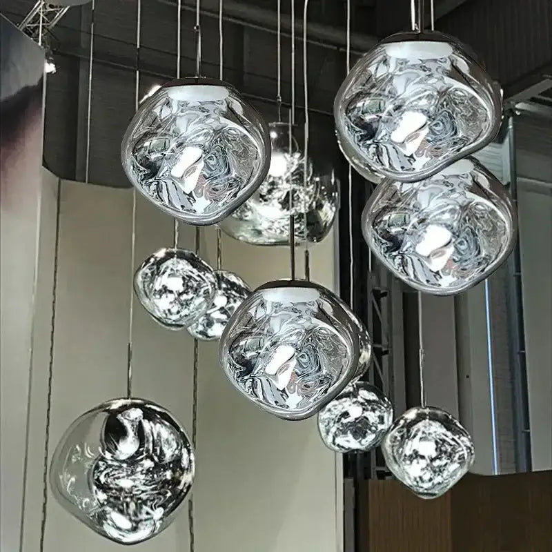 Silver bubble-like glass decorbites led pendant light with reflective molten-metal finish for indoor home decoration