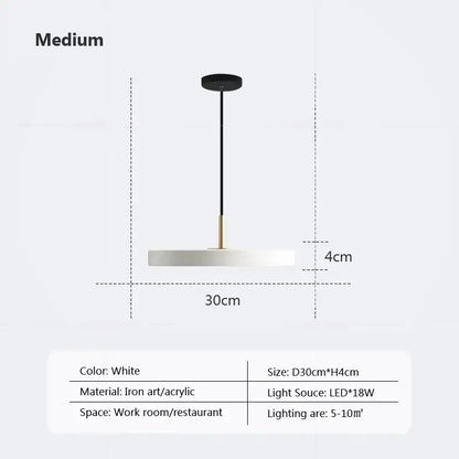 White circular decorbites led pendant light with black ceiling mount and gold iron art rod for indoor use