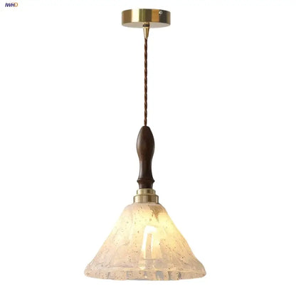 DecorBites™ led pendant light with warm-toned white textured glass, dark walnut wood handle, and brass copper socket accents
