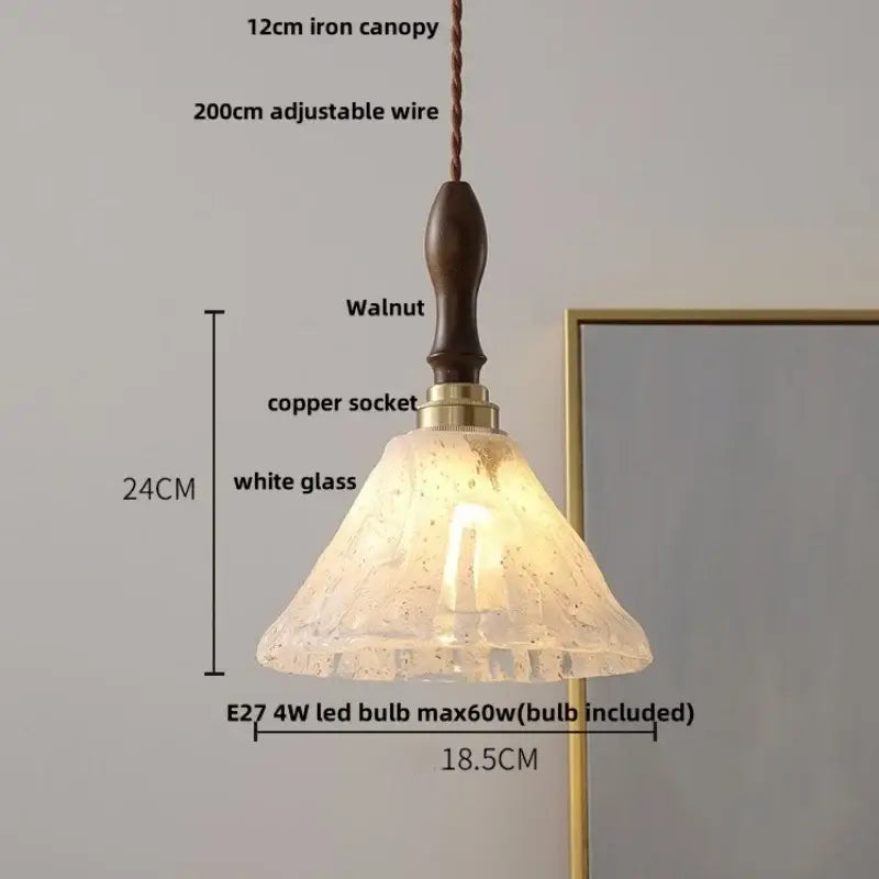 Decorbites™ led pendant light with warm walnut wood handle, copper socket, and translucent white glass shade with speckles
