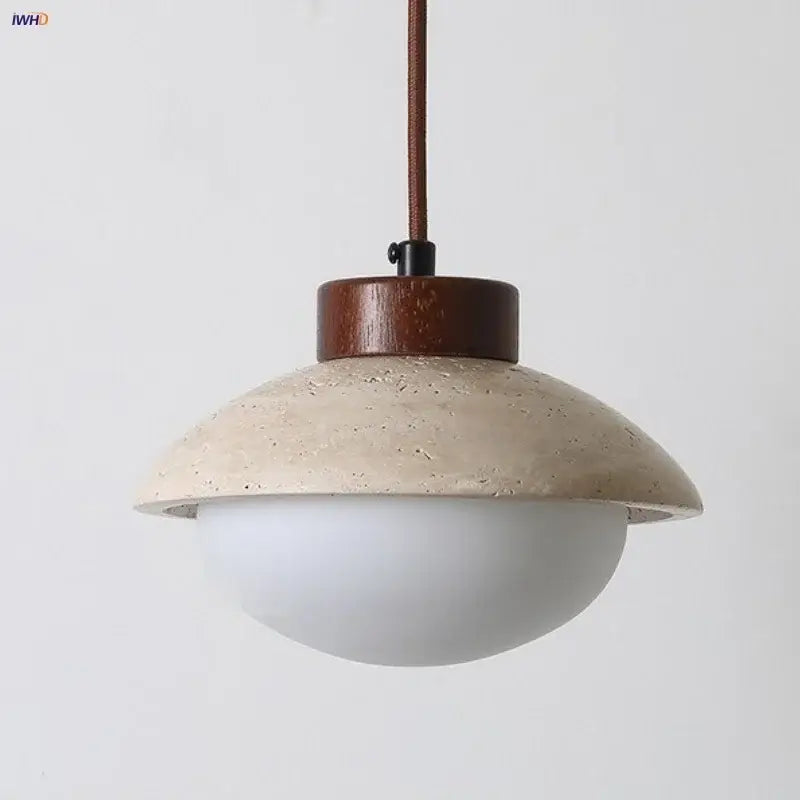 Minimalist decorbites led pendant light with beige concrete shade yellow travertine wood top and adjustable leather cord