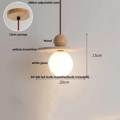 DecorBites led pendant light with wooden sphere, yellow travertine disc, and white glass globe in Japanese style design