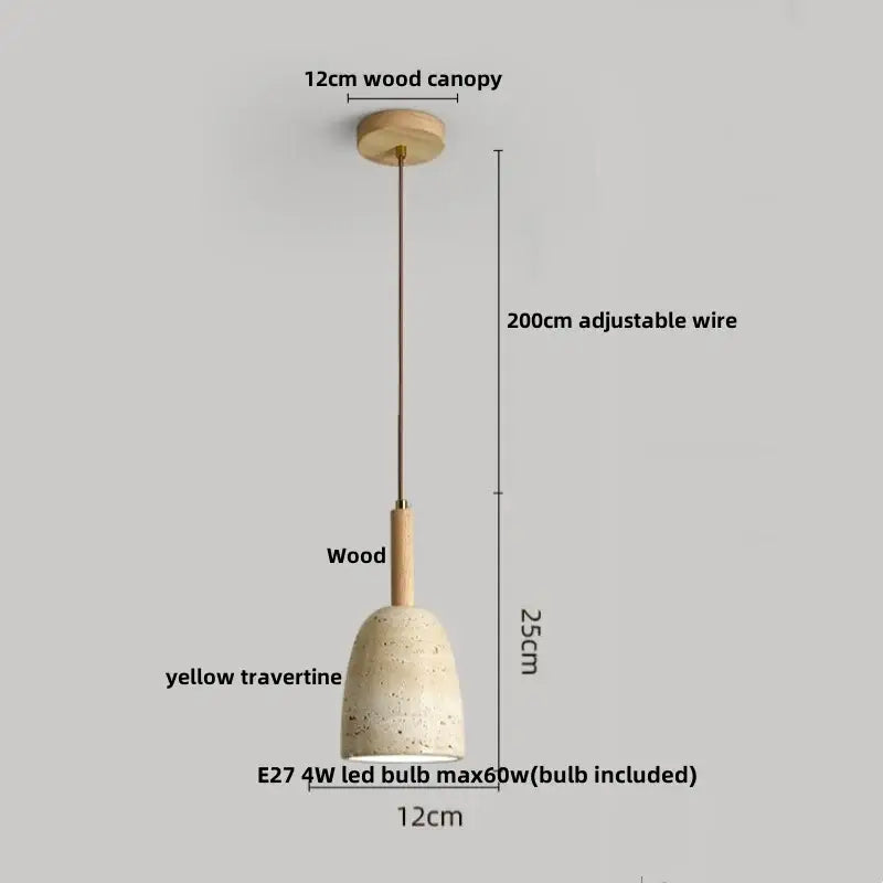 Decorbites led pendant light with adjustable wire, yellow travertine shade, and wooden canopy in japanese style