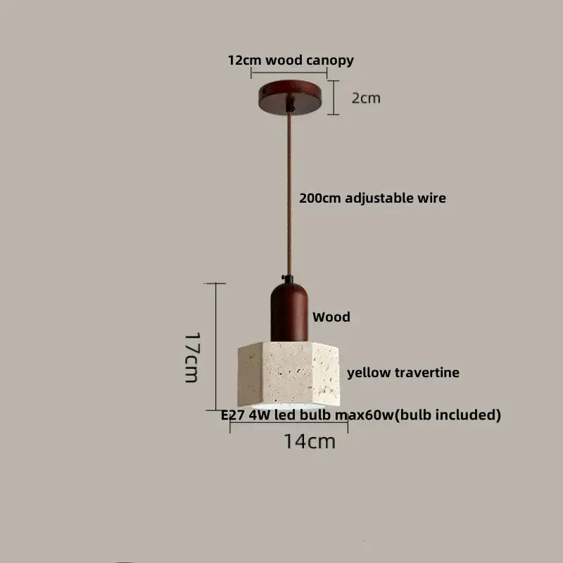 Modern decorbites led pendant light with 12cm wood canopy, adjustable wire, and yellow hexagonal travertine base