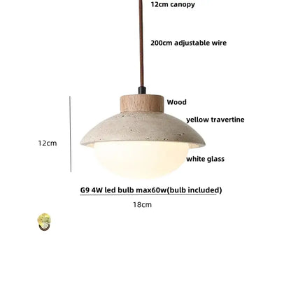 Decorbites led pendant light with wooden canopy yellow travertine shade white glass diffuser and g9 4w led bulb