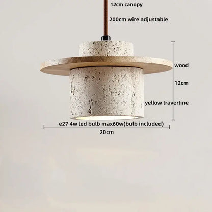 Decorbites led pendant light featuring a rustic industrial yellow travertine cylindrical shade with wooden canopy and copper suspension