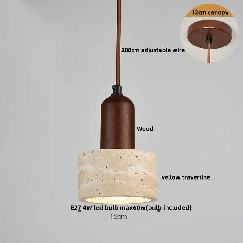 Decorbites led pendant light with a yellow travertine wood shade, dark wood top, and adjustable copper wire suspension