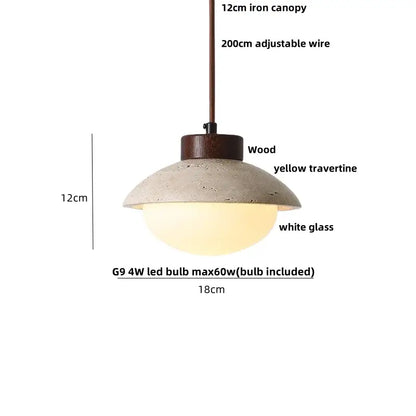 DecorBites led pendant light with yellow travertine wood shade, iron canopy, white glass diffuser, and g9 led bulb