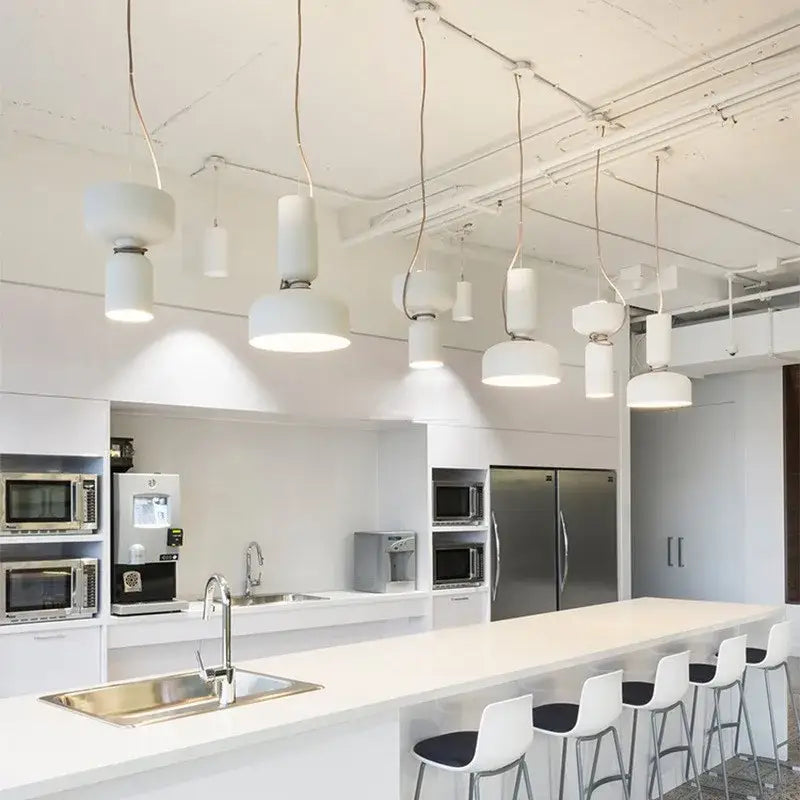 Modern white decorbites led pendant light with sleek cylindrical iron shades for bedroom living room and restaurants
