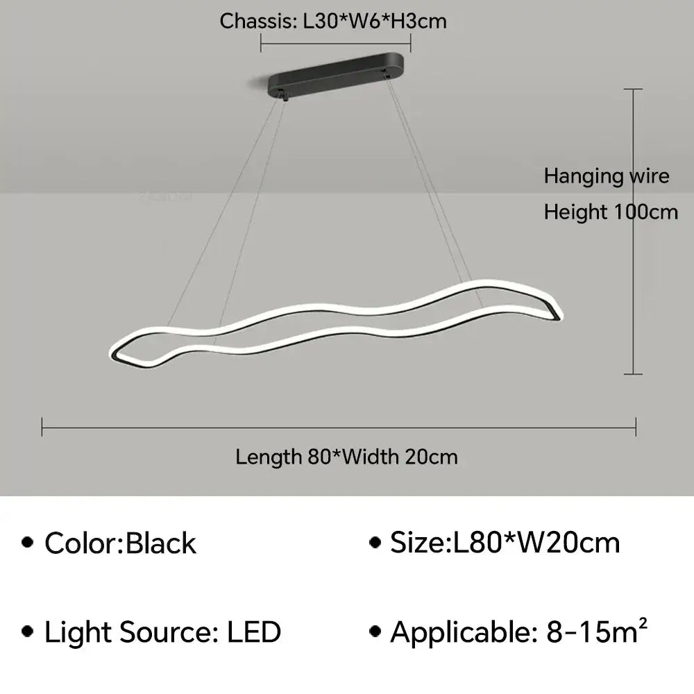 Black DecorBites™ LED pendant light with sleek modern wavy aluminum design and minimalist chassis chandelier