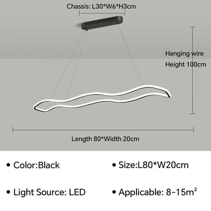 Black DecorBites™ LED pendant light with sleek modern wavy aluminum design and minimalist chassis chandelier