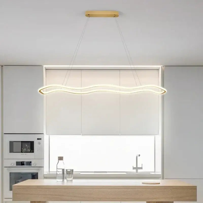 Modern wave-shaped DecorBites LED pendant light with warm glow, aluminum line shapes, and sleek wooden ceiling mount