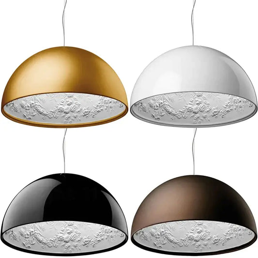 DecorBites™ LED pendant light with dome-shaped gold white black and bronze finishes featuring floral relief patterns