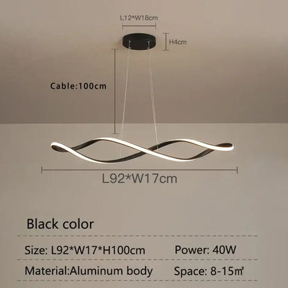 Black modern decorbites led pendant light with sleek twisted aluminum body and illuminated inner curve for living spaces