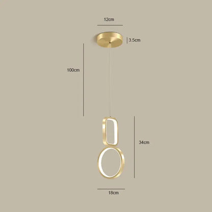 Modern gold-finished DecorBites LED pendant light with sleek geometric oval and circular LED rings for indoor use