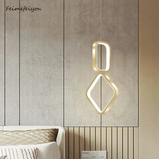 Modern gold-toned geometric decorbites led pendant light with interlocking oval and diamond frames for indoor use