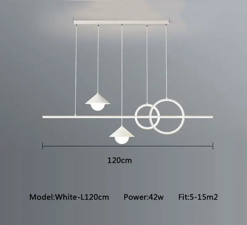 White modern decorbites led pendant light with geometric design featuring two conical shades and overlapping rings, 120cm long