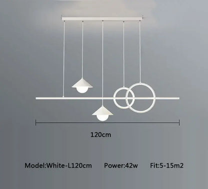 White modern decorbites led pendant light with geometric design featuring two conical shades and overlapping rings, 120cm long