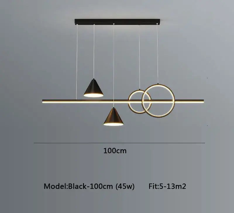 Modern black and gold geometric DecorBites led pendant light with circular and conical shapes for dining and living room