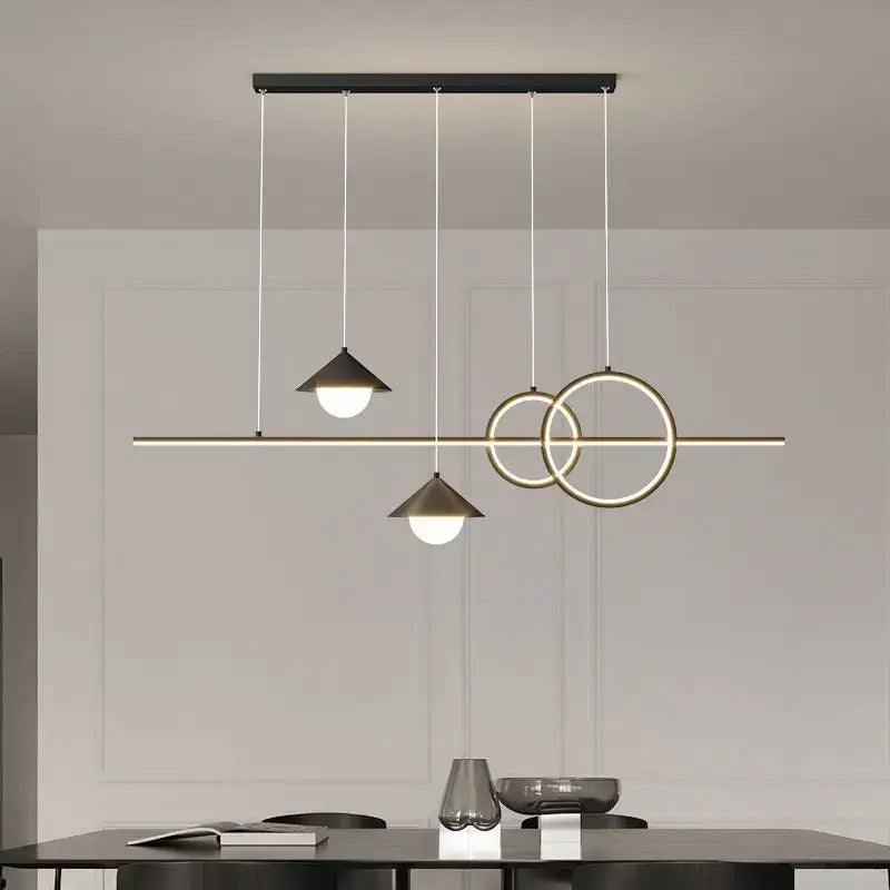 Modern black and gold DecorBites LED pendant light with geometric rings and conical shades for dining room and kitchen