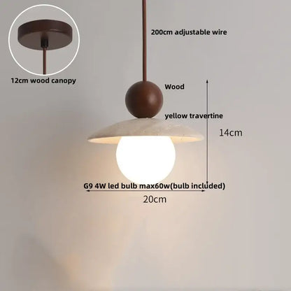 A modern decorbites led pendant light with a warm brown wooden sphere and yellow travertine shade 20cm diameter