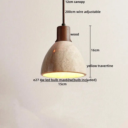 DecorBites™ led pendant light with warm yellow travertine shade, dark wood canopy, and adjustable 200cm wire pendant light