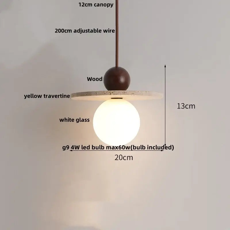 Modern nordic decorbites led pendant light with dark wood sphere yellow travertine disc and glowing white glass globe