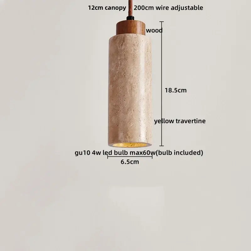 Decorbites led pendant light featuring a cylindrical yellow travertine shade with wooden canopy and adjustable wire