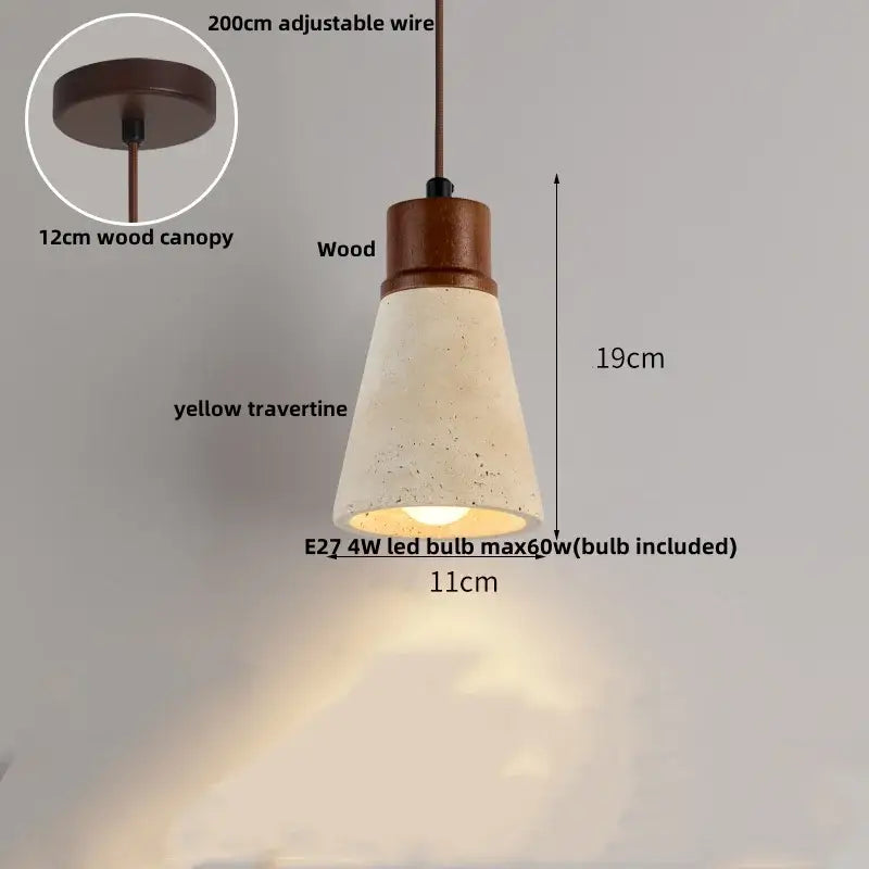 Warm-toned cone-shaped decorbites led pendant light with textured yellow travertine shade and dark wood canopy