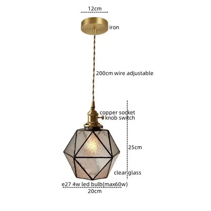 Decorbites led pendant light with brass iron mount and clear glass faceted panels for bedroom and dining room lighting
