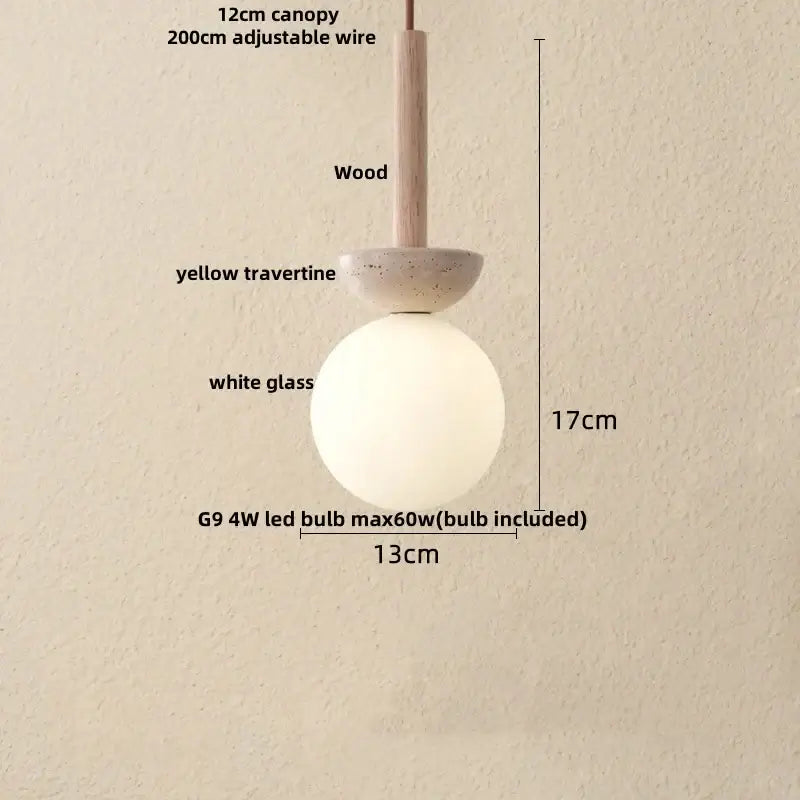 Minimalist decorbites led pendant light with wooden canopy yellow travertine base and white glass globe in nordic style