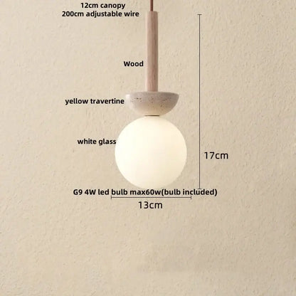 Minimalist decorbites led pendant light with wooden canopy yellow travertine base and white glass globe in nordic style