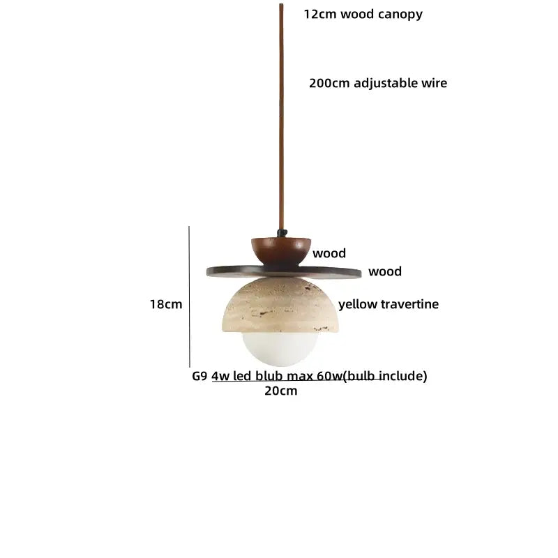 DecorBites led pendant light with yellow travertine shade, wood canopy, adjustable wire, and white led bulb