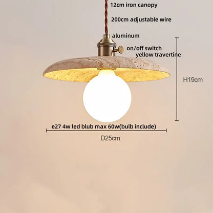 Decorbites led pendant light featuring a textured yellow travertine shade with brass accents and braided iron canopy