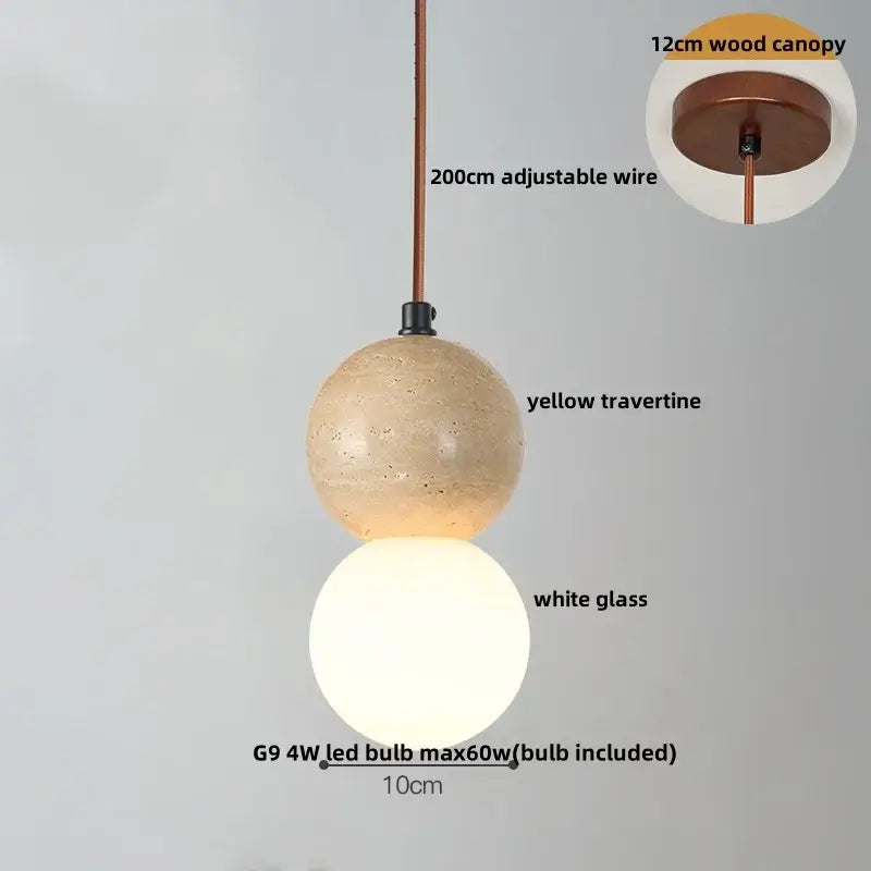 Modern decorbites led pendant light with yellow travertine sphere and white glass globe suspended by copper wire