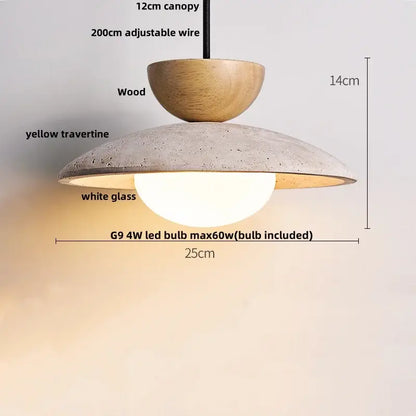 Decorbites led pendant light with wooden canopy yellow travertine shade and white glass diffuser for modern decor