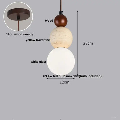 DecorBites led pendant light featuring a modern pendant light with dark wood, yellow travertine stone, and white glass spheres
