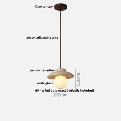 DecorBites led pendant light with yellow travertine shade, white glass globe bulb, dark wood canopy, and bronze wire