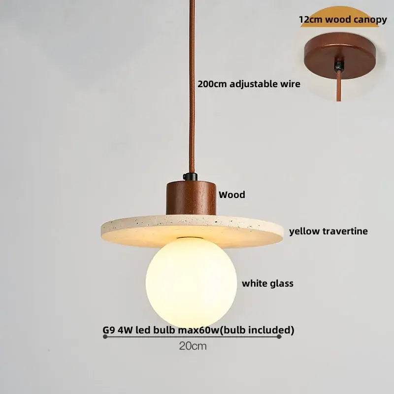 DecorBites led pendant light with warm wood canopy, yellow travertine shade, and white glass globe bulb in modern design