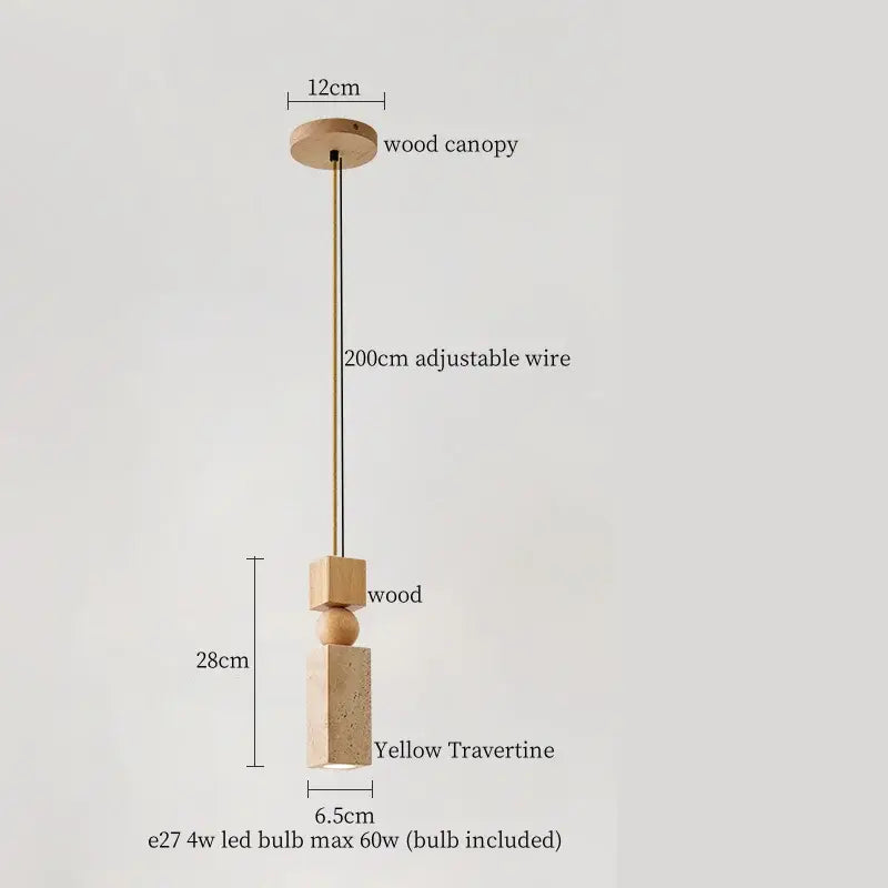 Minimalist DecorBites LED pendant light with natural wood canopy, adjustable brass wire, and yellow travertine elements