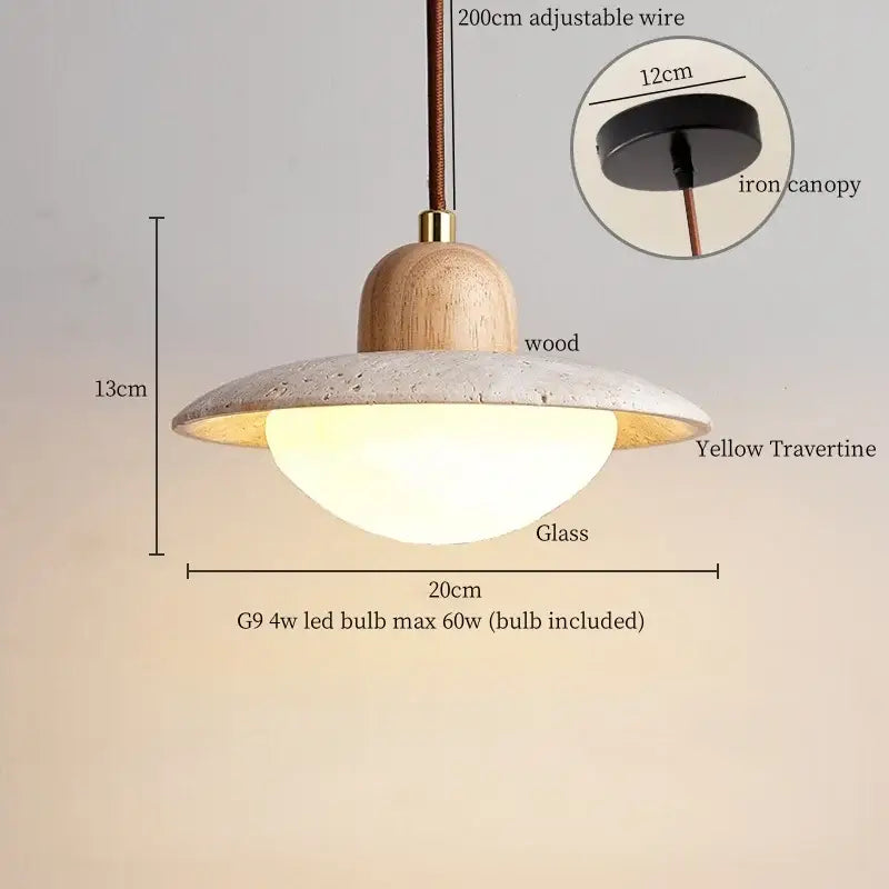 DecorBites led pendant light with wooden top, yellow travertine shade, glass interior, and gold-toned metal accents
