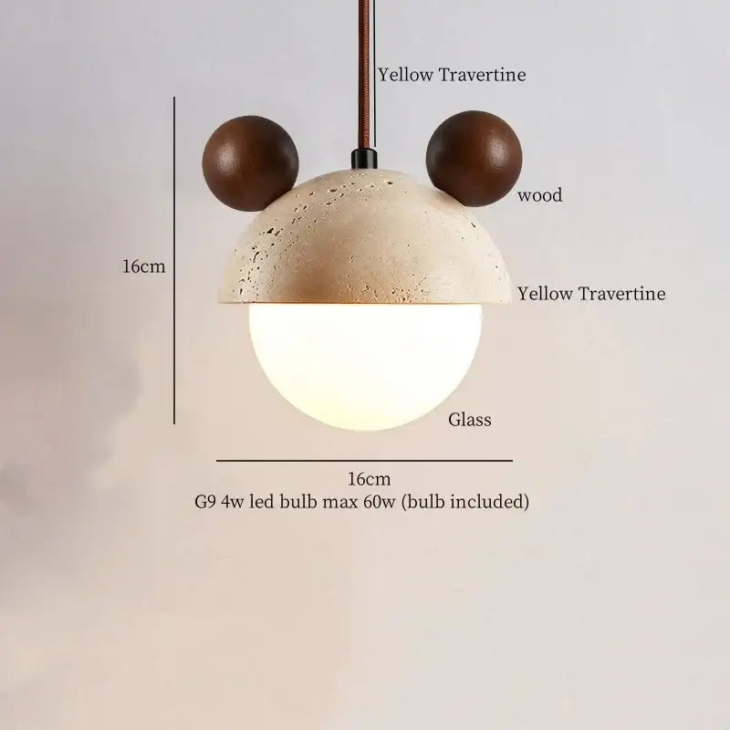 Decorbites led pendant light with beige yellow travertine dome, dark wood ears, and frosted glass globe for modern decor