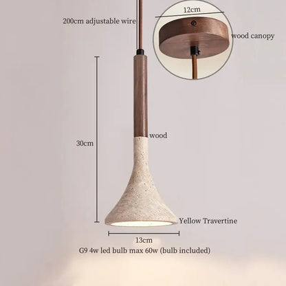 Decorbites led pendant light with a yellow travertine shade, wooden stem, and adjustable 200cm wire suspension