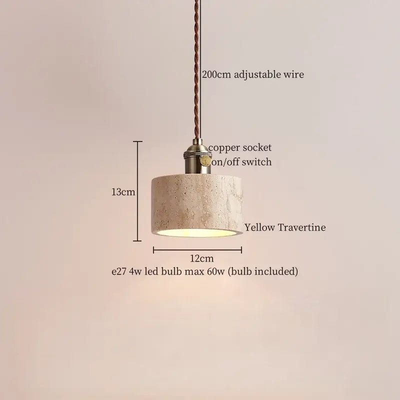 Decorbites led pendant light featuring a yellow travertine textured shade with brass socket and copper suspension wire
