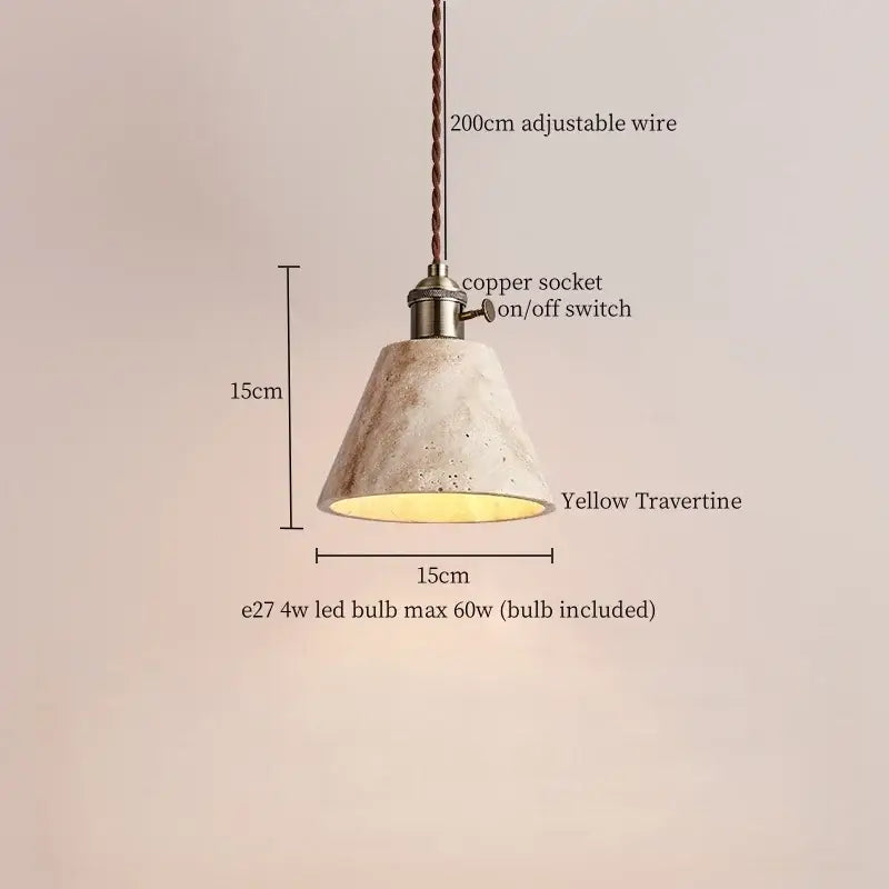 DecorBites led pendant light with a warm yellow travertine textured shade and copper socket for modern decor
