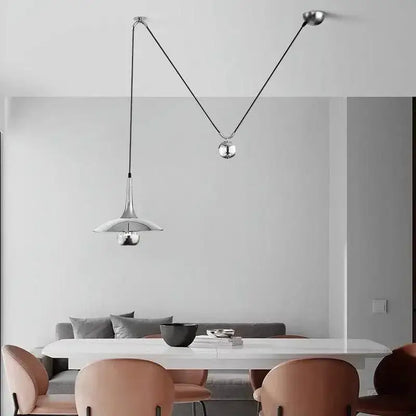 Modern silver conical pendant light with black cable suspension in DecorBites led pendant lighting for bedroom and dining room