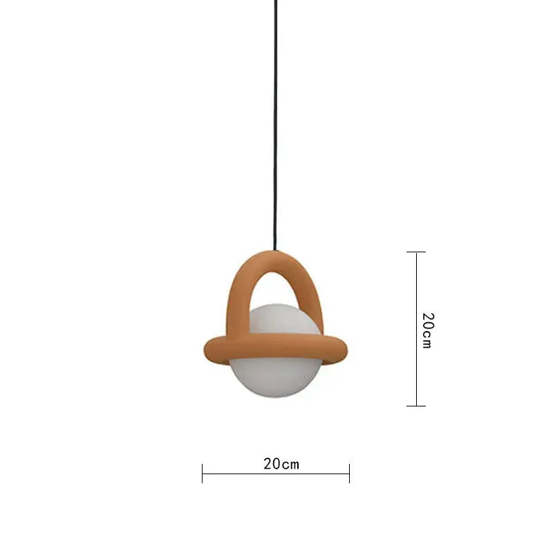 Minimalist decorbites led pendant light with matte terracotta ceramic ring and sphere hanging on black cord for dining room